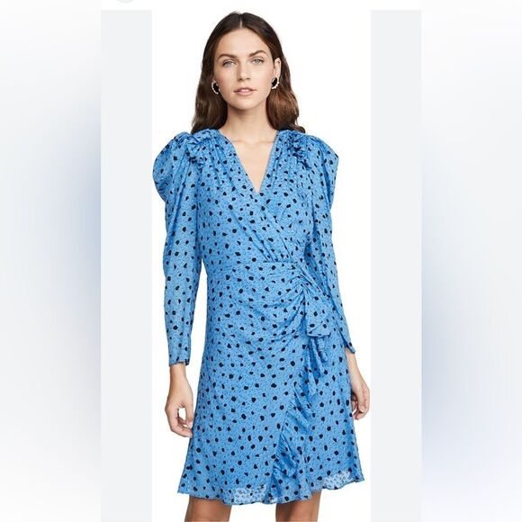 Rebecca Taylor nova dot clip long sleeve wrap dress in blue silk blend size 6 - Picture 1 of 13